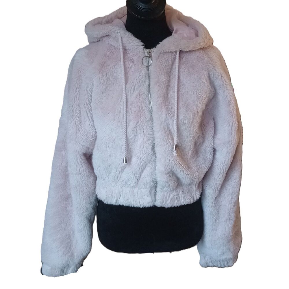 Ambiance Outerwear Women's S Soft Pink Faux Fur Cropped Zipper Up Hooded Jacket